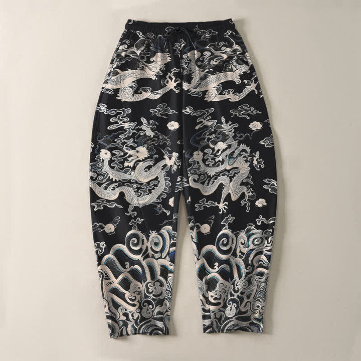 Buddha Stones Pantalones de hombre de algodón puro con estampado de ondas de dragón, cordón ajustable y corte cónico, con bolsillos. - image 9