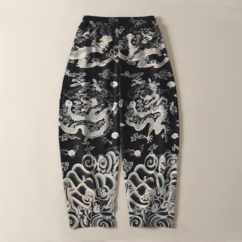 Buddha Stones Pantalones de hombre de algodón puro con estampado de ondas de dragón, cordón ajustable y corte cónico, con bolsillos. - image 10