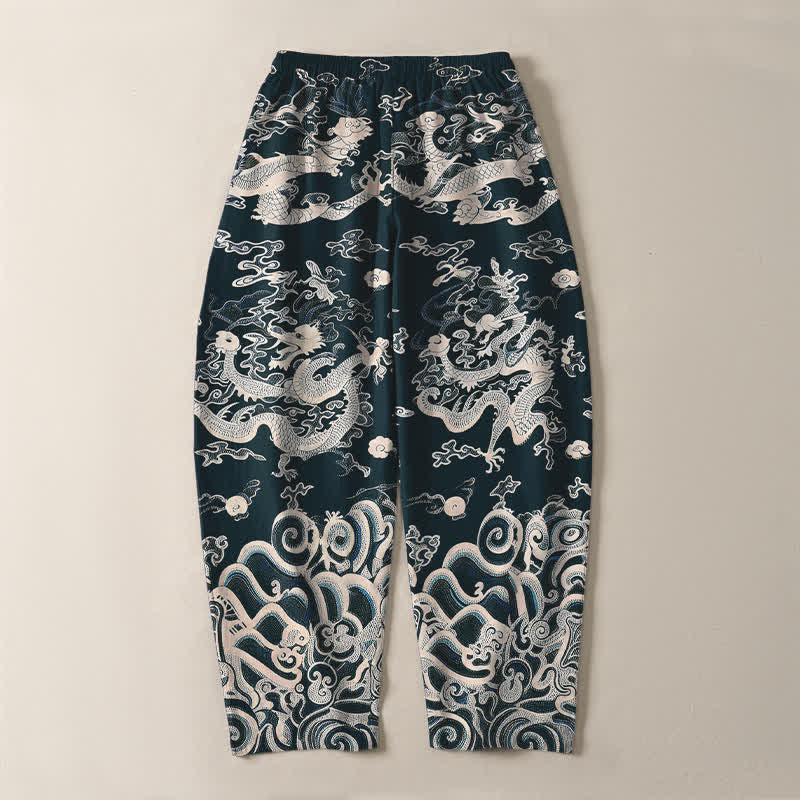 Buddha Stones Pantalones de hombre de algodón puro con estampado de ondas de dragón, cordón ajustable y corte cónico, con bolsillos. - image 14