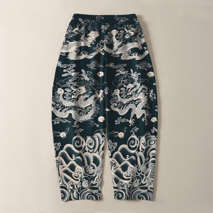 Buddha Stones Pantalones de hombre de algodón puro con estampado de ondas de dragón, cordón ajustable y corte cónico, con bolsillos. - image 14