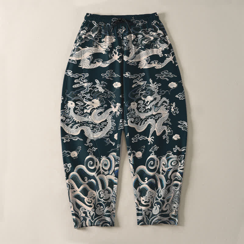 Buddha Stones Pantalones de hombre de algodón puro con estampado de ondas de dragón, cordón ajustable y corte cónico, con bolsillos. - image 13