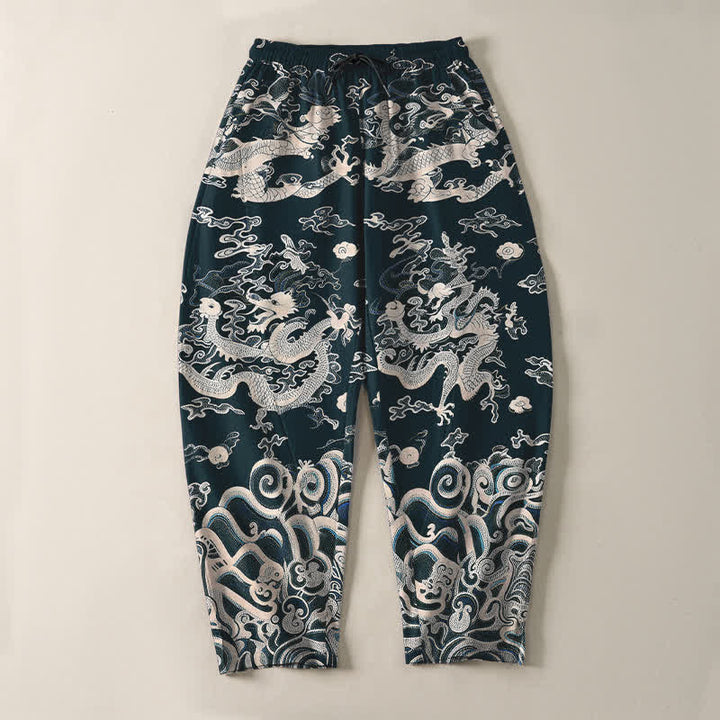 Buddha Stones Pantalones de hombre de algodón puro con estampado de ondas de dragón, cordón ajustable y corte cónico, con bolsillos. - image 13