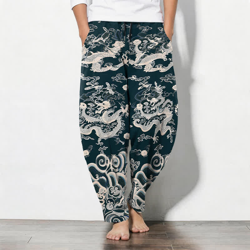 Buddha Stones Pantalones de hombre de algodón puro con estampado de ondas de dragón, cordón ajustable y corte cónico, con bolsillos. - Verde azulado - US/UK/AU50, EU60 (5XL) - image 11