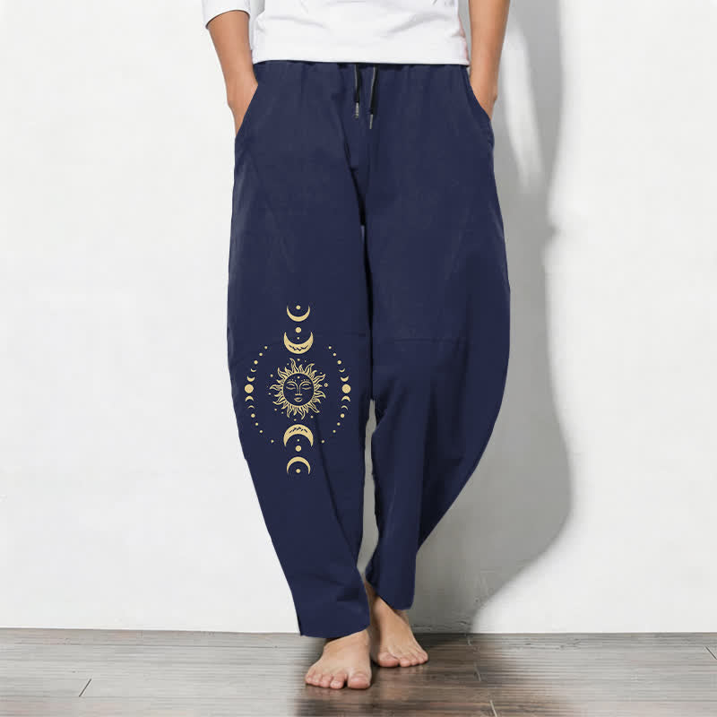 Buddha Stones Pantalones de hombre de algodón puro con estampado de sol y luna celestiales, cordón ajustable y corte cónico, con bolsillos. - Marina de guerra - US/UK/AU50, EU60 (5XL) - image 7