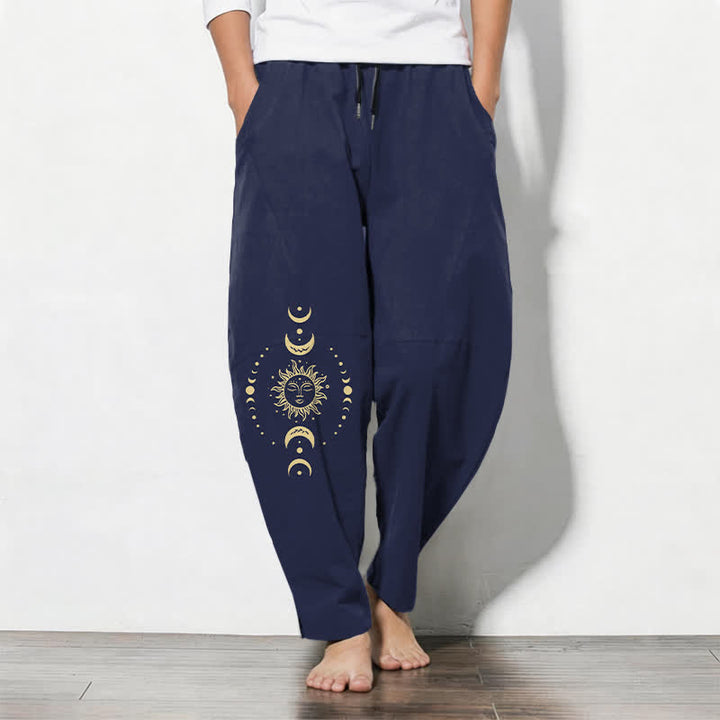 Buddha Stones Pantalones de hombre de algodón puro con estampado de sol y luna celestiales, cordón ajustable y corte cónico, con bolsillos. - Marina de guerra - US/UK/AU50, EU60 (5XL) - image 7