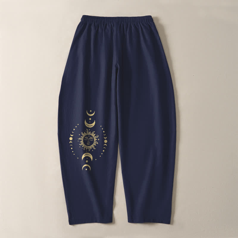Buddha Stones Pantalones de hombre de algodón puro con estampado de sol y luna celestiales, cordón ajustable y corte cónico, con bolsillos. - image 10