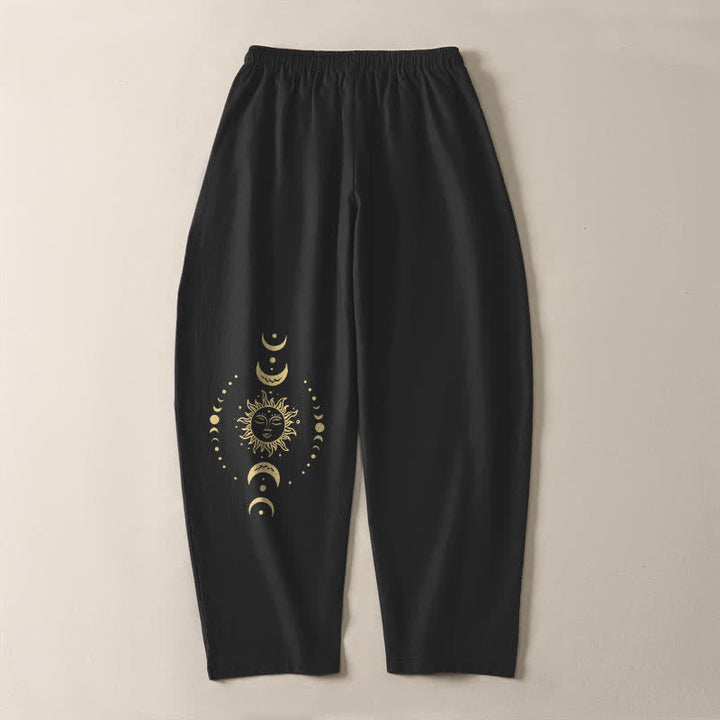 Buddha Stones Pantalones de hombre de algodón puro con estampado de sol y luna celestiales, cordón ajustable y corte cónico, con bolsillos. - image 14