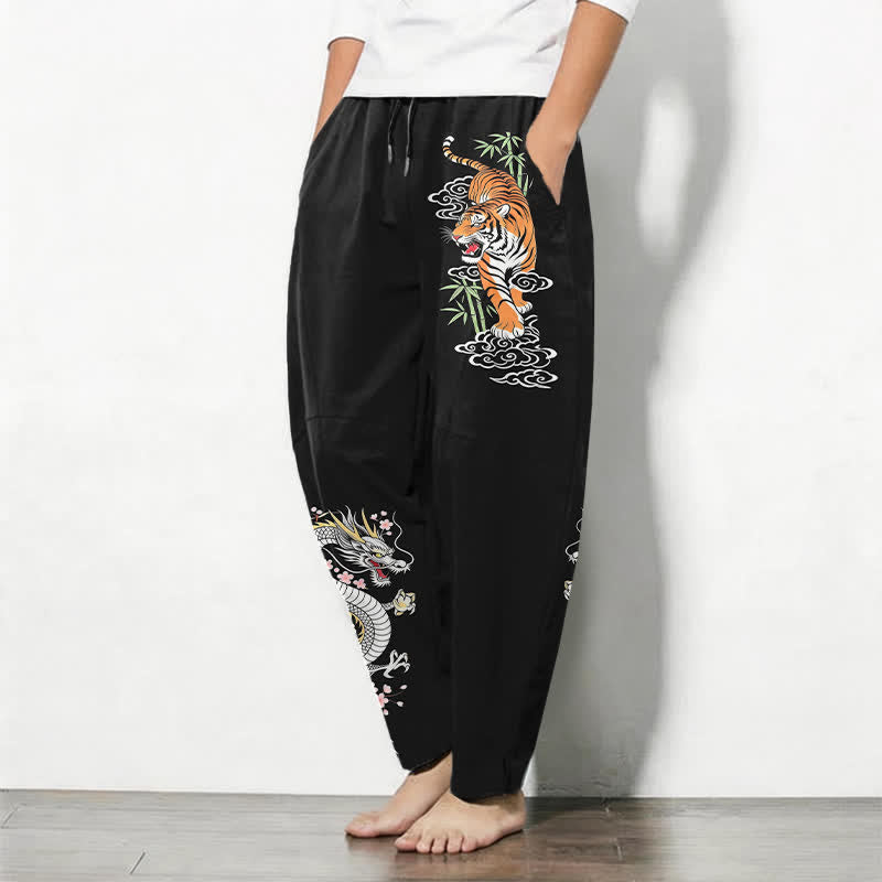 Buddha Stones Pantalones de hombre de algodón puro con estampado de tigre y dragón, cordón ajustable y corte cónico, con bolsillos. - image 1