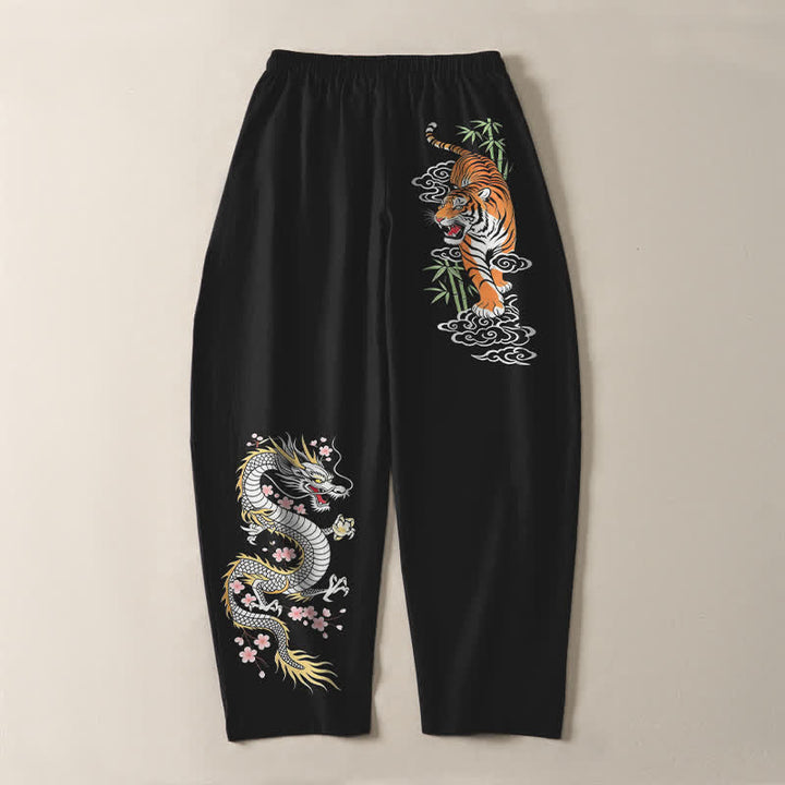 Buddha Stones Pantalones de hombre de algodón puro con estampado de tigre y dragón, cordón ajustable y corte cónico, con bolsillos. - image 3