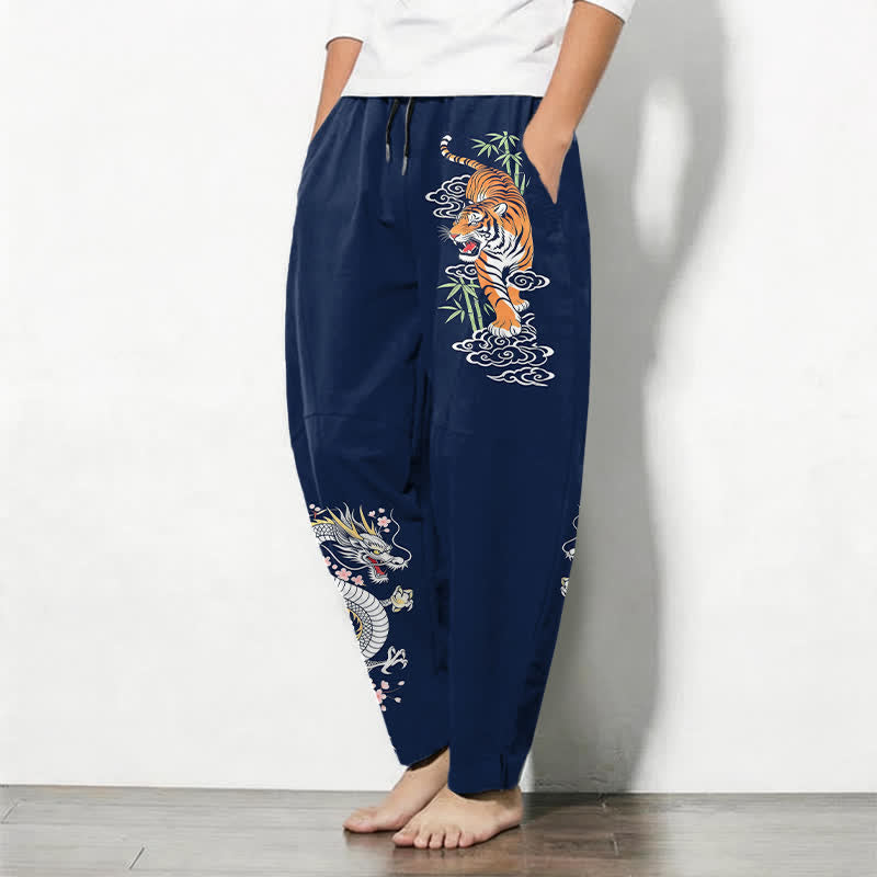 Buddha Stones Pantalones de hombre de algodón puro con estampado de tigre y dragón, cordón ajustable y corte cónico, con bolsillos. - image 8