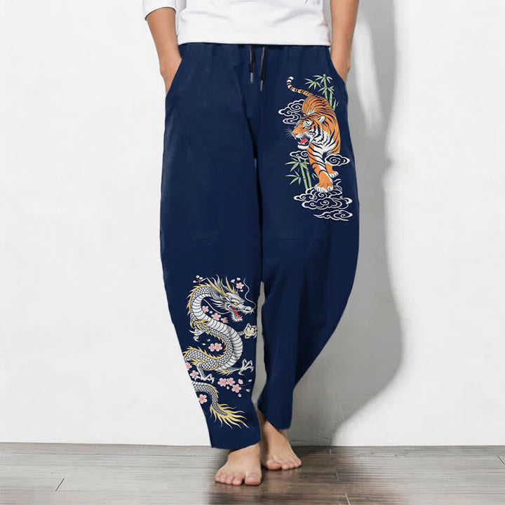 Buddha Stones Pantalones de hombre de algodón puro con estampado de tigre y dragón, cordón ajustable y corte cónico, con bolsillos. - Marina de guerra - US/UK/AU50, EU60 (5XL) - image 7