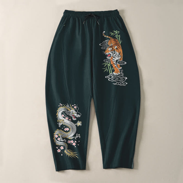 Buddha Stones Pantalones de hombre de algodón puro con estampado de tigre y dragón, cordón ajustable y corte cónico, con bolsillos. - image 13