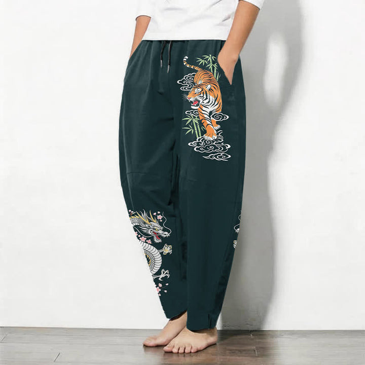 Buddha Stones Pantalones de hombre de algodón puro con estampado de tigre y dragón, cordón ajustable y corte cónico, con bolsillos. - image 12