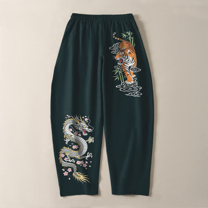 Buddha Stones Pantalones de hombre de algodón puro con estampado de tigre y dragón, cordón ajustable y corte cónico, con bolsillos. - image 14