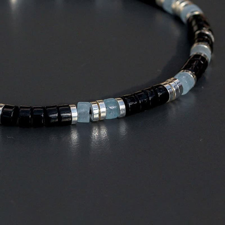 Buddha Stones Pulsera elástica de cuentas de protección con calcedonia azul y ónix negro - image 3