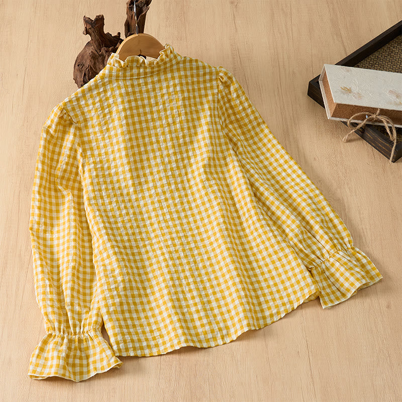 Buddha Stones Camisas de manga larga a cuadros con botones, estilo vintage, para mujer, ideales para primavera y verano. - image 9