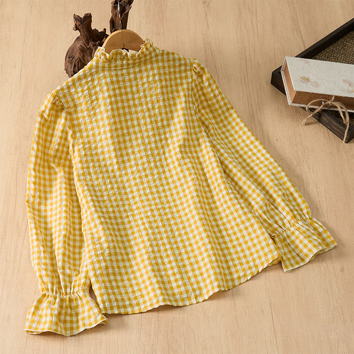 Buddha Stones Camisas de manga larga a cuadros con botones, estilo vintage, para mujer, ideales para primavera y verano. - image 9