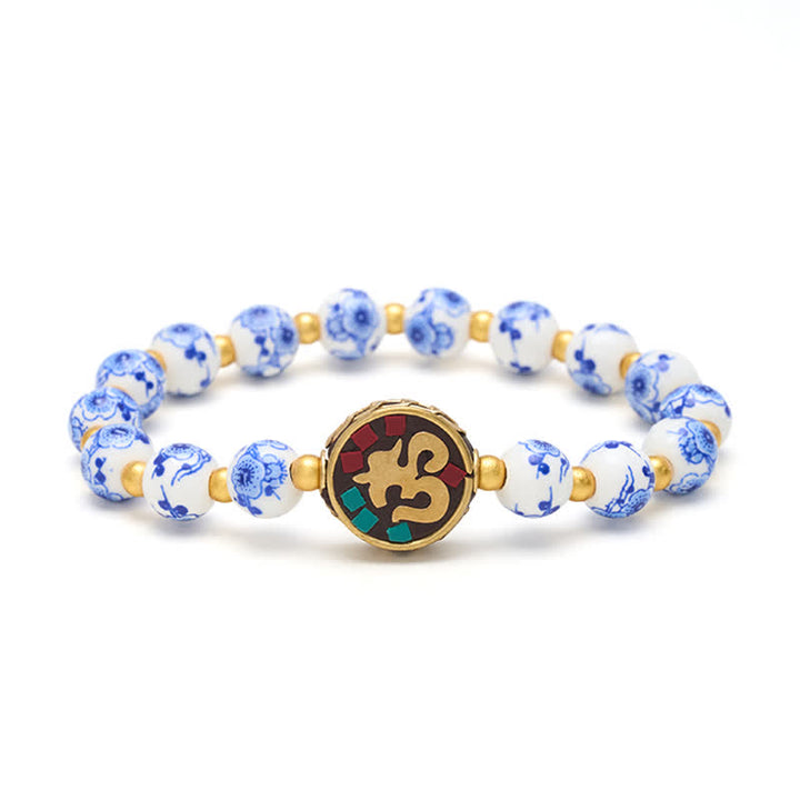 Buddha Stones Pulsera de cuentas de compasión OM de cobre y porcelana azul y blanca - image 9