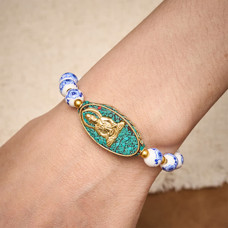 Buddha Stones Pulsera de porcelana blanca con Buda y cuentas redondas florales azules "Serenity" - image 2