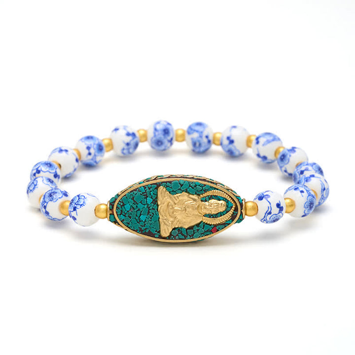 Buddha Stones Pulsera de porcelana blanca con Buda y cuentas redondas florales azules "Serenity" - image 4