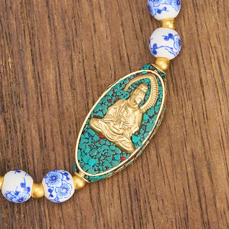 Buddha Stones Pulsera de porcelana blanca con Buda y cuentas redondas florales azules "Serenity" - image 3