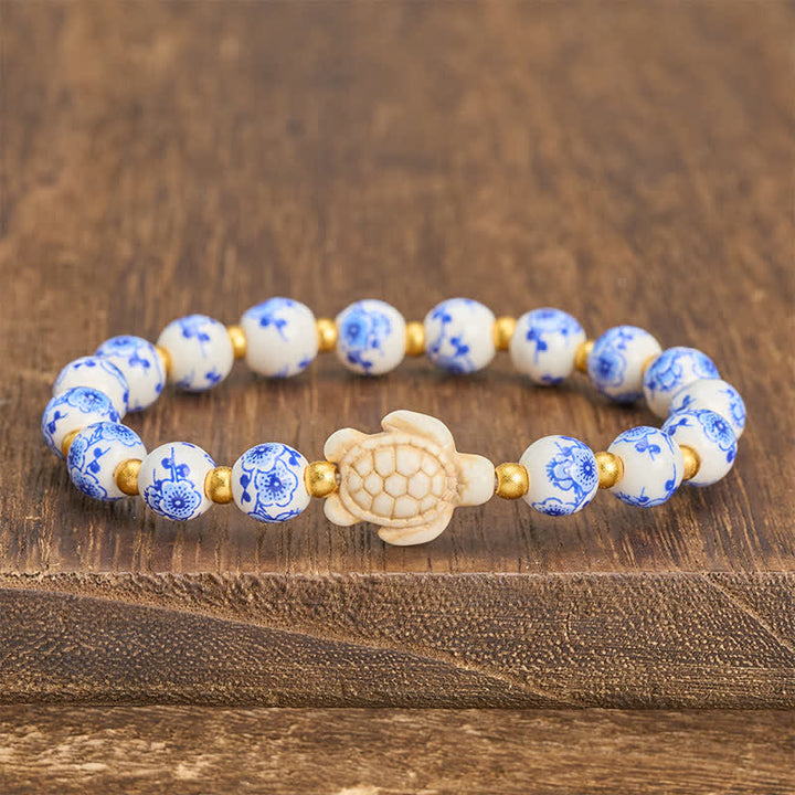 Buddha Stones Pulsera de porcelana azul y blanca con forma de tortuga, símbolo de pureza y longevidad. - image 2