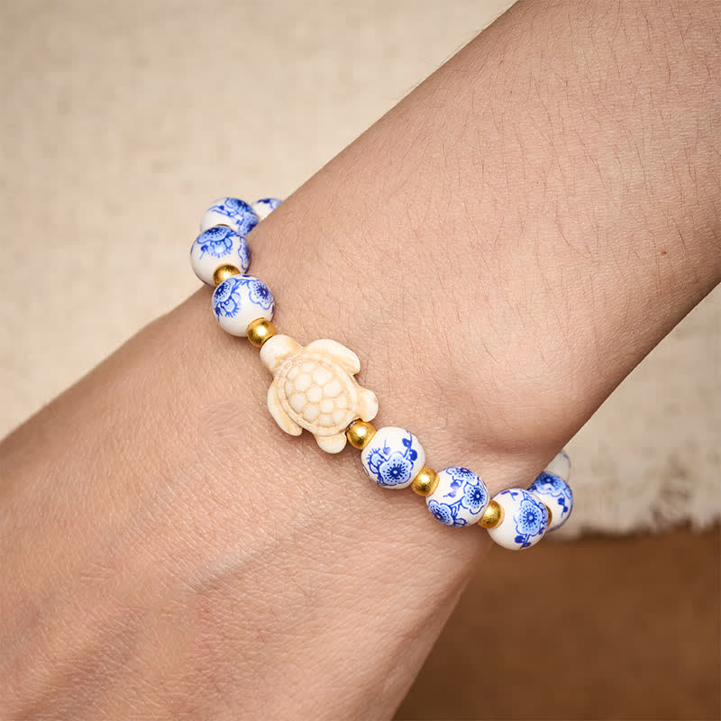 Buddha Stones Pulsera de porcelana azul y blanca con forma de tortuga, símbolo de pureza y longevidad. - image 4