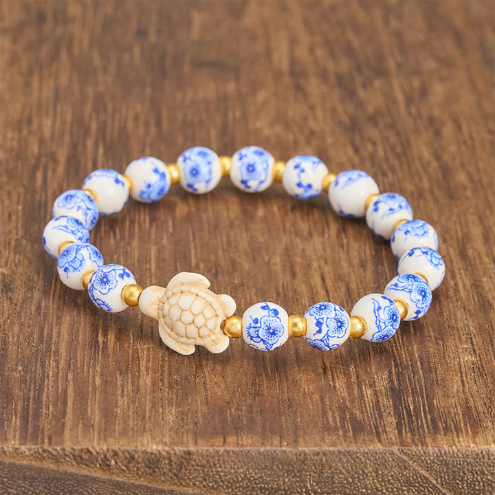 Buddha Stones Pulsera de porcelana azul y blanca con forma de tortuga, símbolo de pureza y longevidad. - image 3