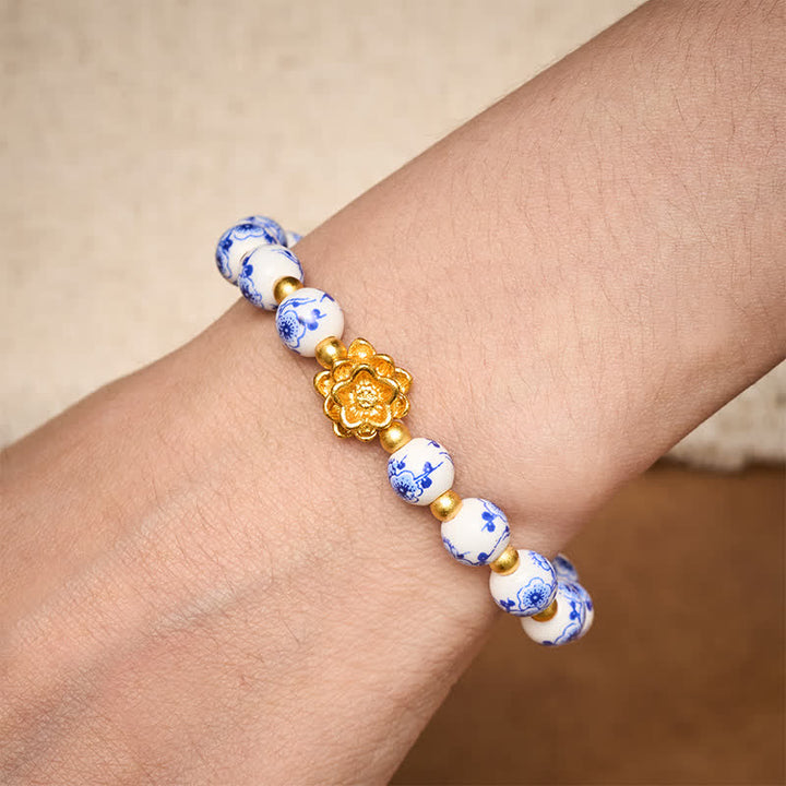 Buddha Stones Pulsera redonda de cuentas de porcelana blanca con diseño de loto e iluminación - image 3