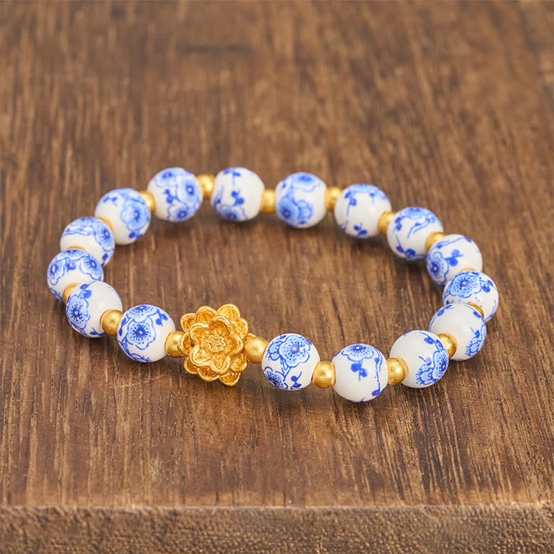 Buddha Stones Pulsera redonda de cuentas de porcelana blanca con diseño de loto e iluminación - image 2