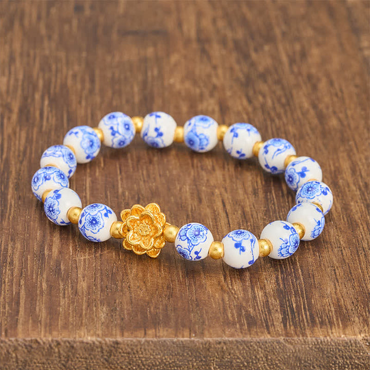Buddha Stones Pulsera redonda de cuentas de porcelana blanca con diseño de loto e iluminación - image 2