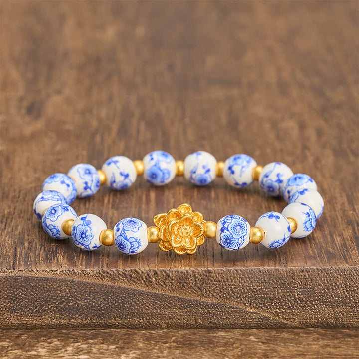 Buddha Stones Pulsera redonda de cuentas de porcelana blanca con diseño de loto e iluminación - Lotus (Iluminación ♥ Nuevo comienzo) - image 0