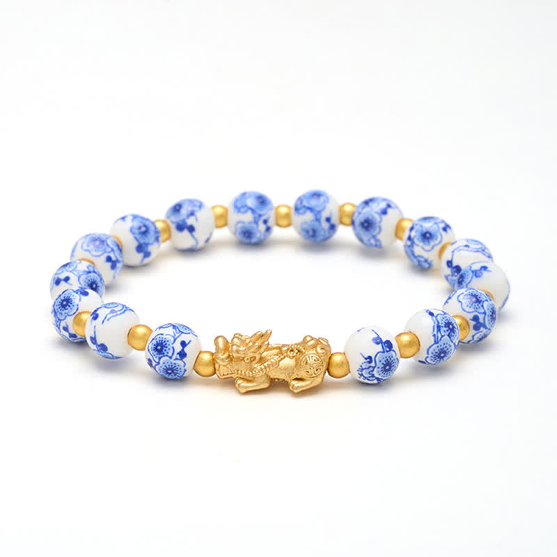 Buddha Stones Pulsera de porcelana blanca PiXiu con cuentas florales azules de buena fortuna - image 9