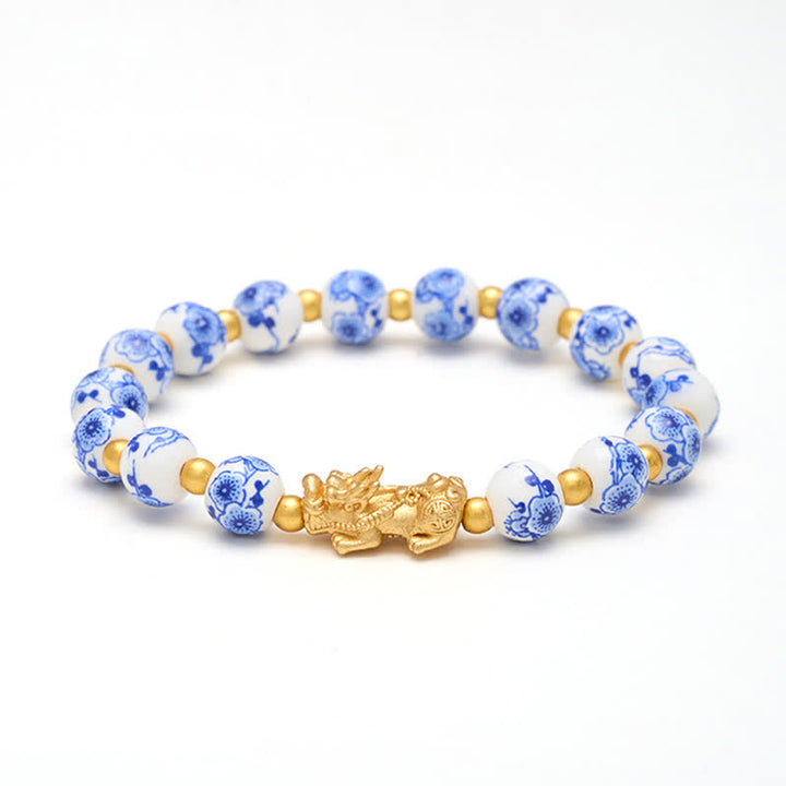 Buddha Stones Pulsera de porcelana blanca PiXiu con cuentas florales azules de buena fortuna - image 9