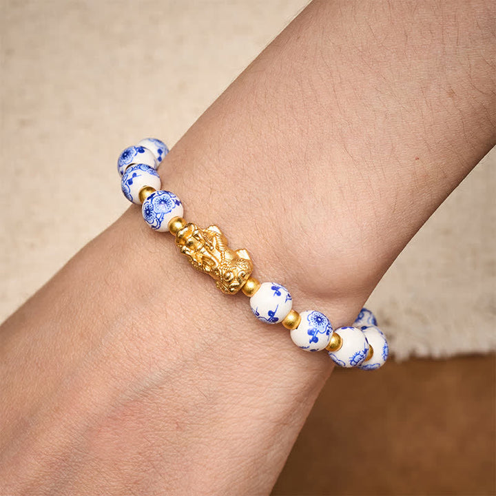 Buddha Stones Pulsera de porcelana blanca PiXiu con cuentas florales azules de buena fortuna - image 3