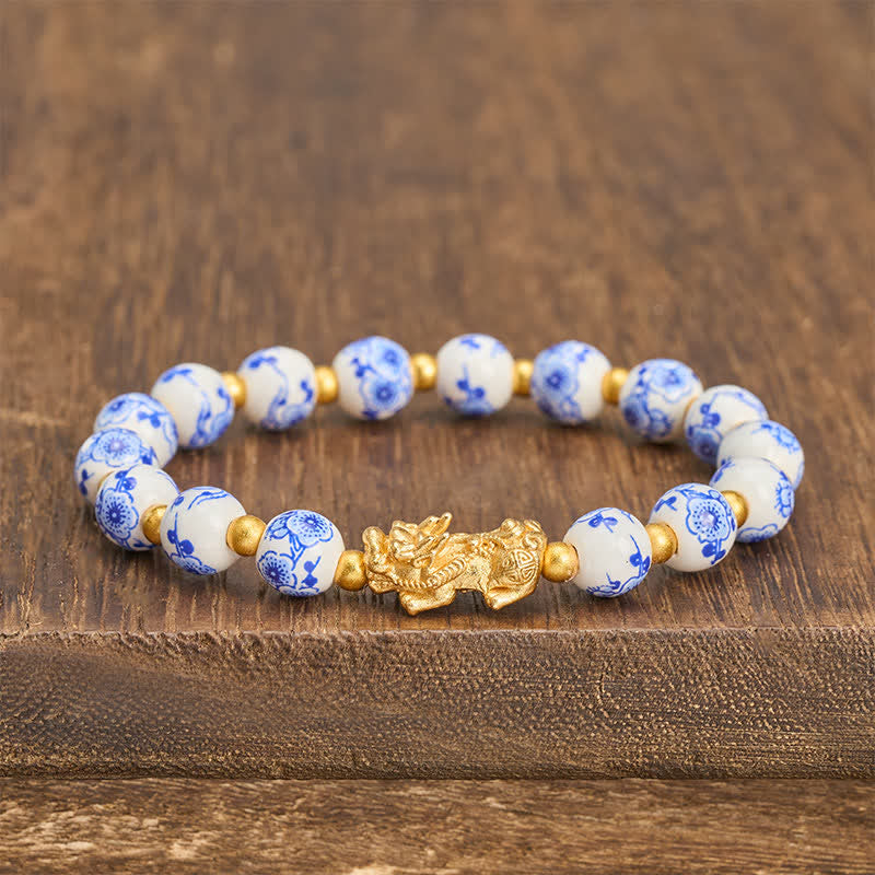 Buddha Stones Pulsera de porcelana blanca PiXiu con cuentas florales azules de buena fortuna - Porcelana blanca (Pureza ♥ Elegancia) - image 0