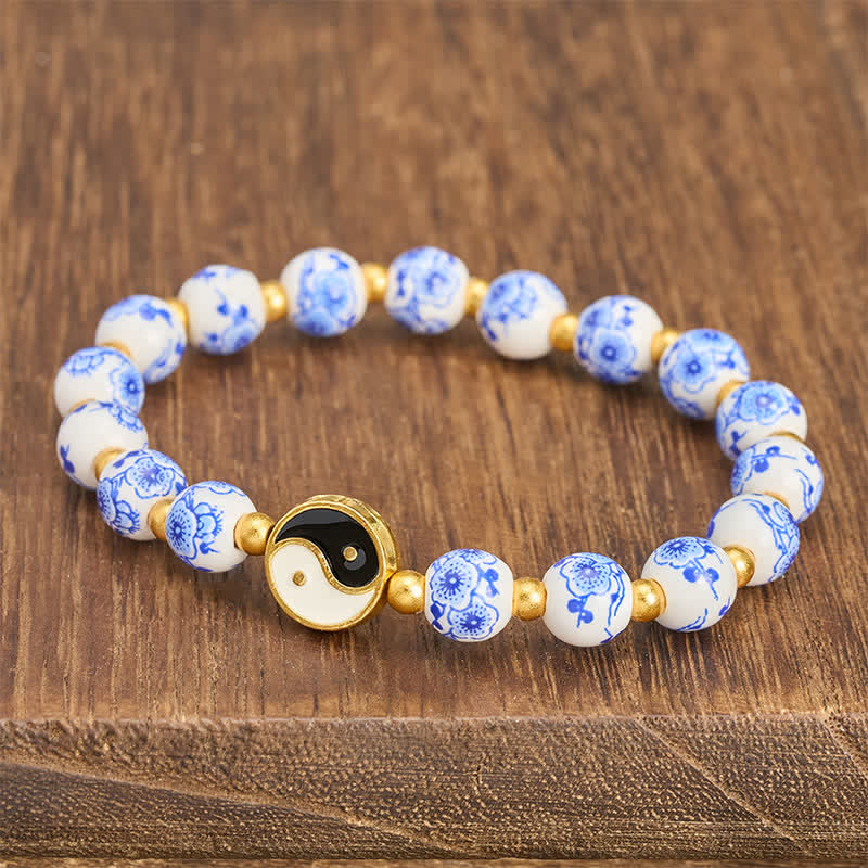 Buddha Stones Elegante pulsera de porcelana azul y blanca con el equilibrio del Yin Yang. - image 2