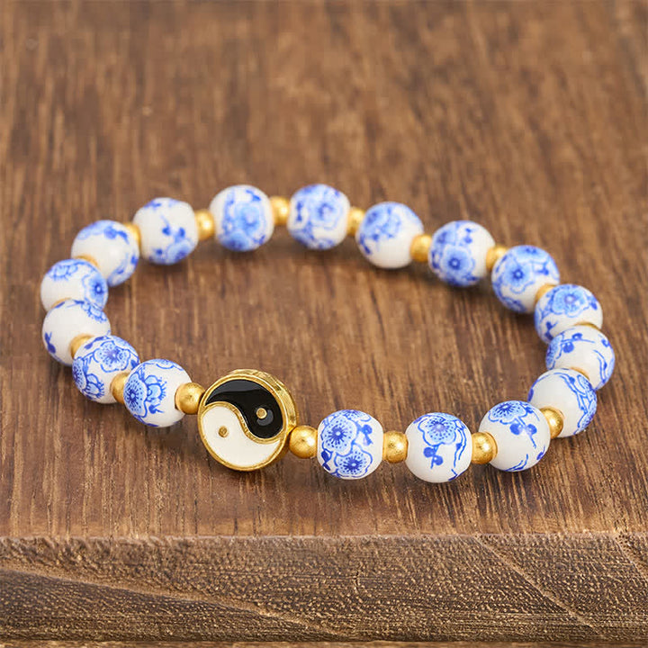 Buddha Stones Elegante pulsera de porcelana azul y blanca con el equilibrio del Yin Yang. - image 2