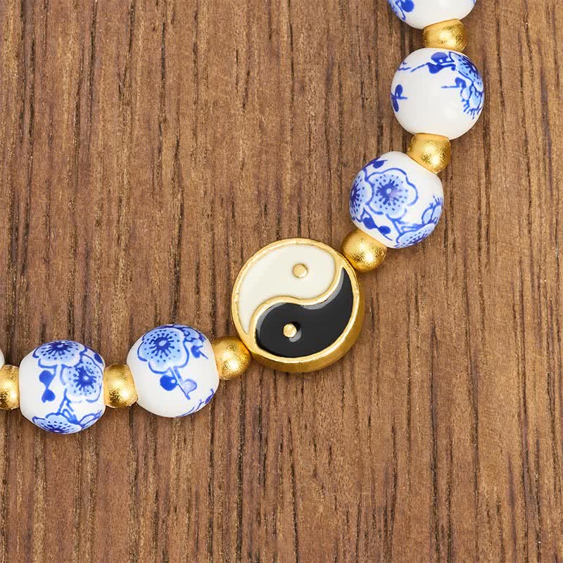 Buddha Stones Elegante pulsera de porcelana azul y blanca con el equilibrio del Yin Yang. - image 4