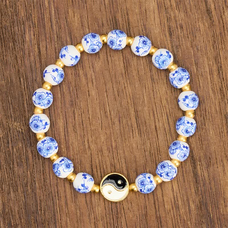 Buddha Stones Elegante pulsera de porcelana azul y blanca con el equilibrio del Yin Yang. - image 1