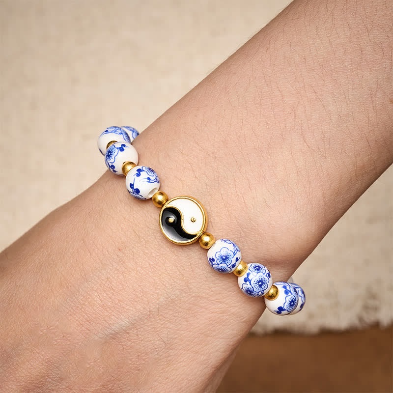Buddha Stones Elegante pulsera de porcelana azul y blanca con el equilibrio del Yin Yang. - image 3