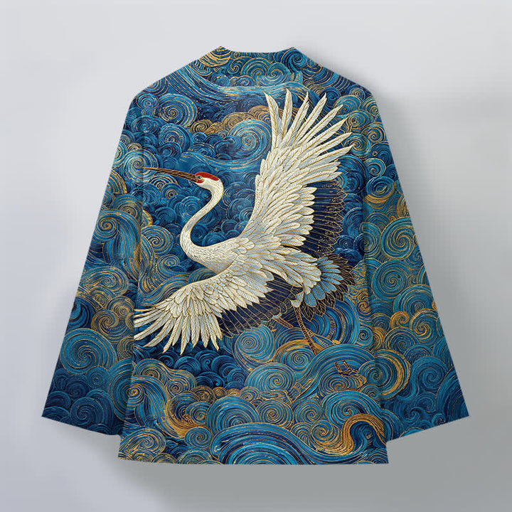 Buddha Stones Kimono de hombre con frente abierto y estampado de ondas fluidas de grullas de algodón - image 2