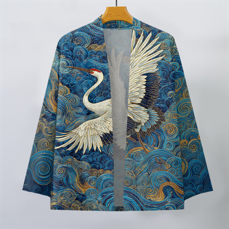 Buddha Stones Kimono de hombre con frente abierto y estampado de ondas fluidas de grullas de algodón - image 1