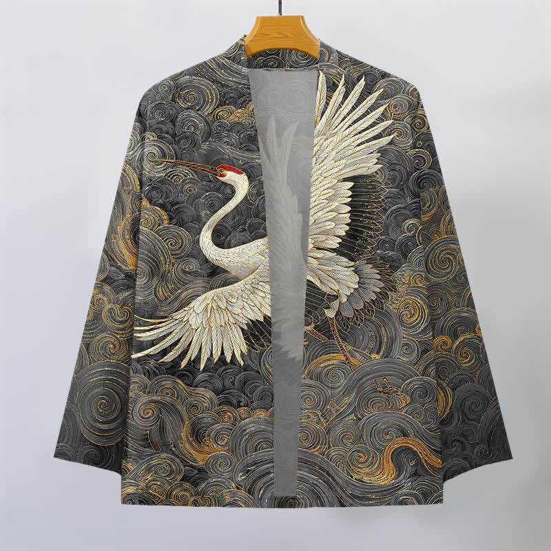 Buddha Stones Kimono de hombre con frente abierto y estampado de ondas fluidas de grullas de algodón - image 7