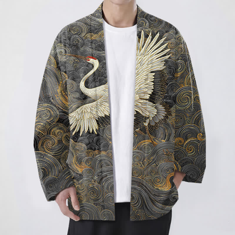 Buddha Stones Kimono de hombre con frente abierto y estampado de ondas fluidas de grullas de algodón - Gris oscuro - US/UK/AU48, UE58 (4XL) - image 6