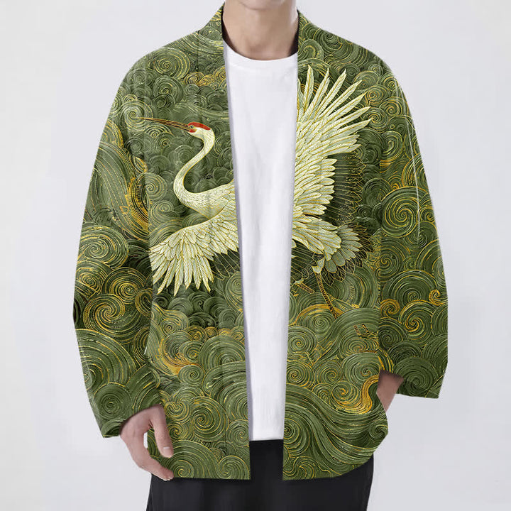 Buddha Stones Kimono de hombre con frente abierto y estampado de ondas fluidas de grullas de algodón - Verde oliva - US/UK/AU48, UE58 (4XL) - image 9
