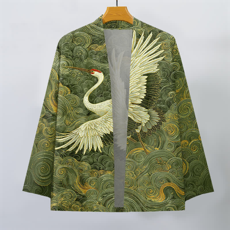 Buddha Stones Kimono de hombre con frente abierto y estampado de ondas fluidas de grullas de algodón - image 10