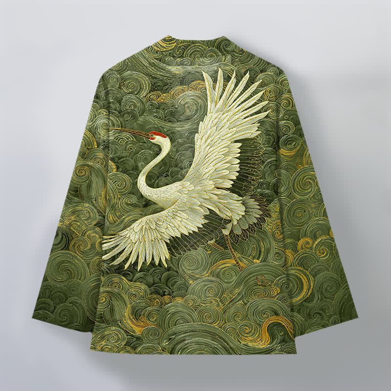 Buddha Stones Kimono de hombre con frente abierto y estampado de ondas fluidas de grullas de algodón - image 11