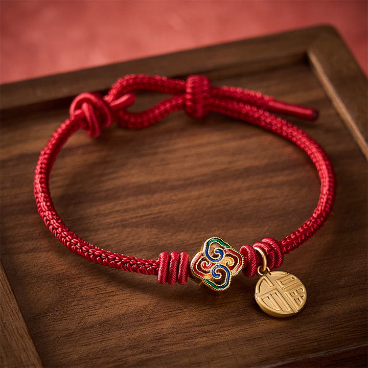 Buddha Stones Pulsera de la prosperidad tejida a mano con hilo rojo cobrizo y carácter Fu de nudo chino - image 13