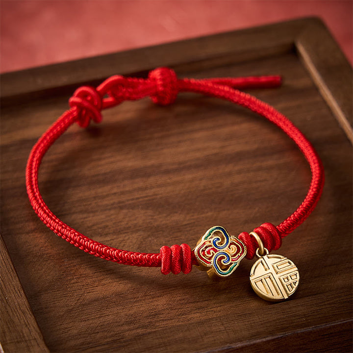 Buddha Stones Pulsera de la prosperidad tejida a mano con hilo rojo cobrizo y carácter Fu de nudo chino - image 2